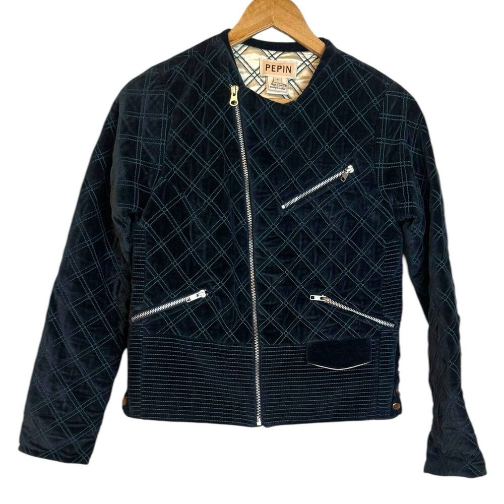 Anthropologie Pepin Green Velvet Quilted Moto Jacket Zip Up Silk Lined Small